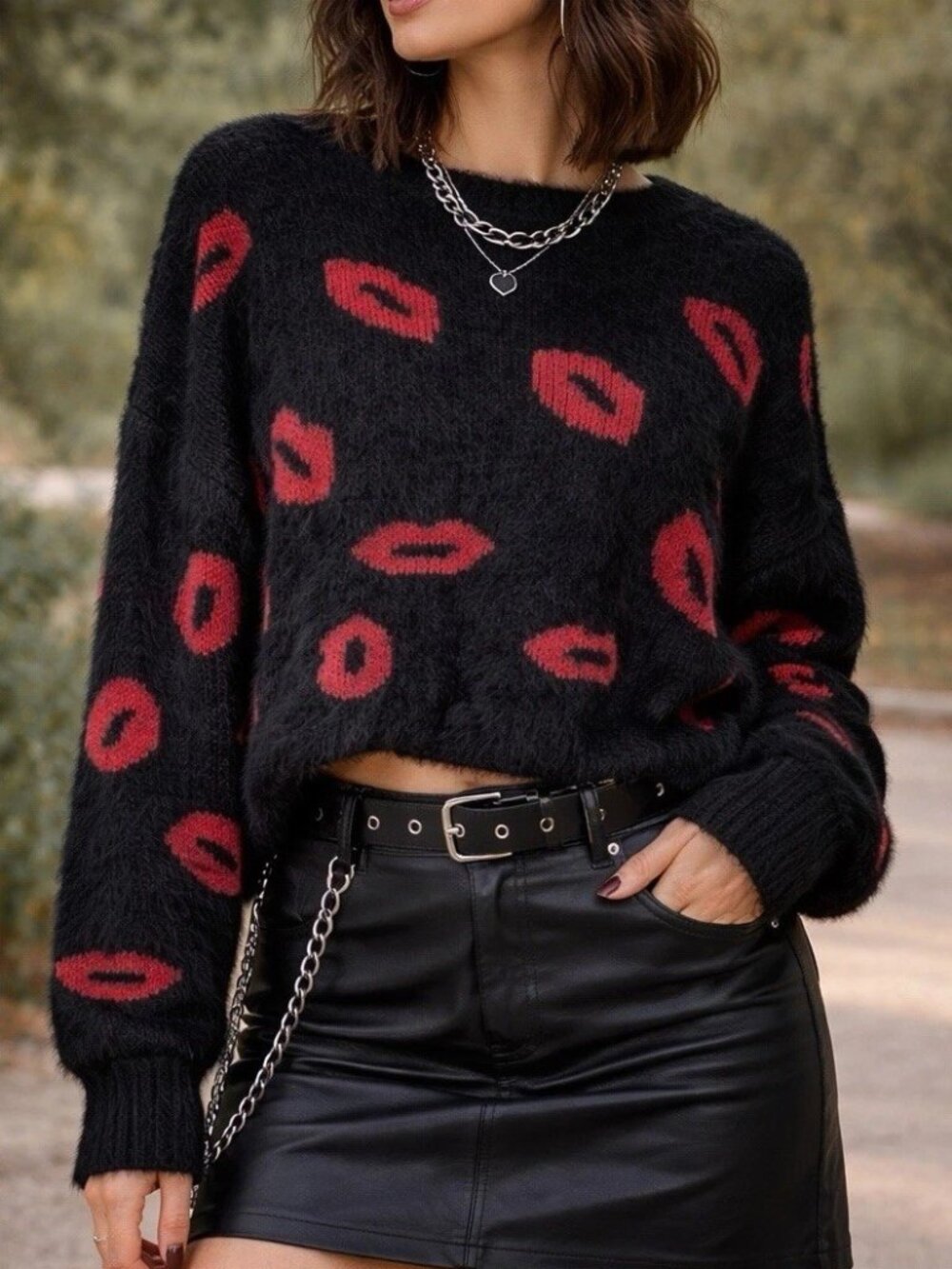 Red Lips Kiss Print Fuzzy Furry Long Sleeve Top Vintage Style Grunge Y2K Retro L